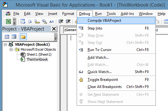 Compile VBA projct menu item in VBA Project window