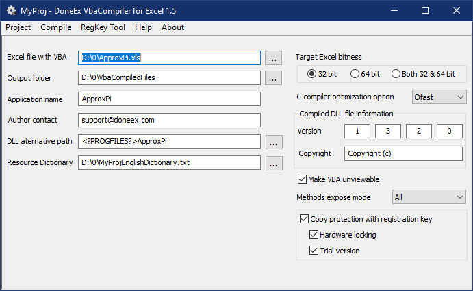 Example of compilation options to compile VBA with copy protection and hardware locking.