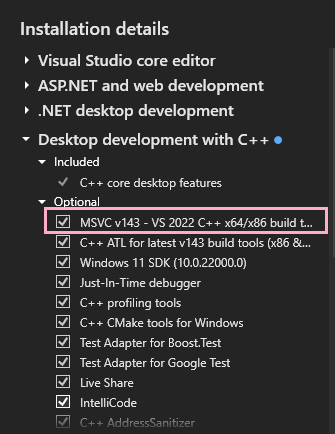 MS Visual Studio Installer - MSVC option