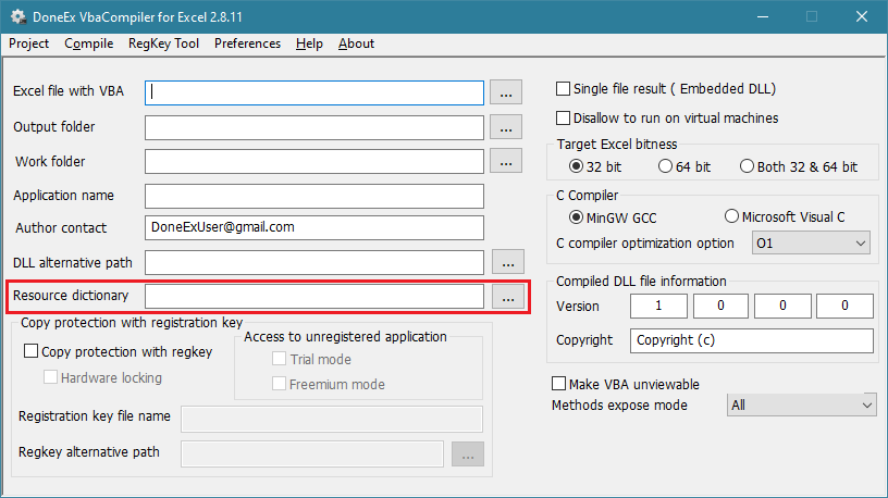 VBA Compiler with Resource dictionary field highlighted for workbook localization