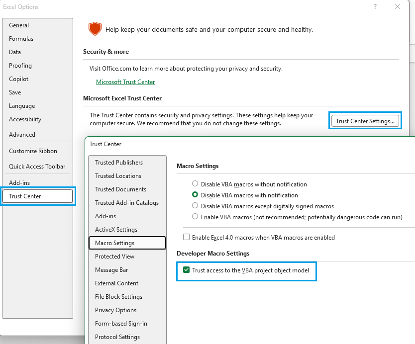 VBA project trust access settings