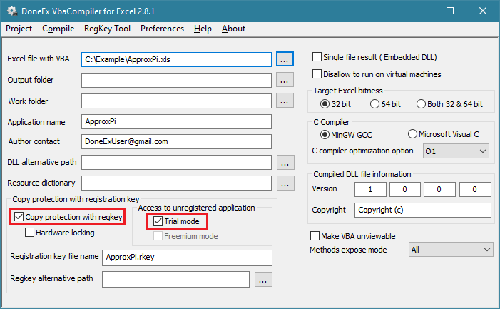 VBACompiler for Excel with Copy Protection with regkey and Trial Mode checkboxes highlighted