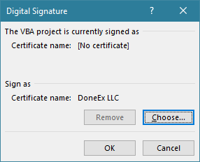 VBA digital signature choose