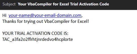 Image with example of email with free trial activation code