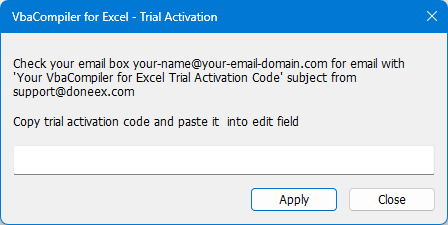 Image with dialog for enter the free trial activation code