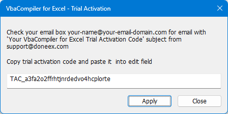 image of dialog with entered free trial activation code