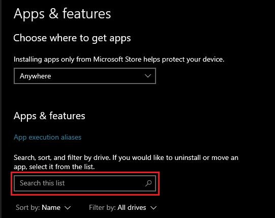 windows app search function for the windows 10 and 11 uninstall vba compiler process