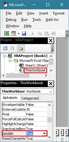 Create your excel vba macro project into an add-in by setting the isaddin value in thisworkbook to true