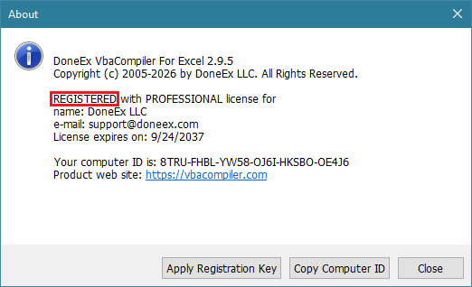 A registered version of DoneEx VBA Compiler is needed to Batch Compile VBA Excel Workbooks